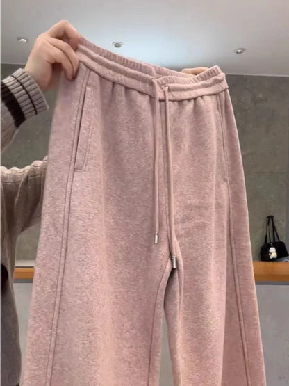 Pink Soft Fleece Lined Knitted Casual Pants Women's Autumn Winter Warm Slimming Drapey Drawstring Loose Fit Straight Leg Trou...