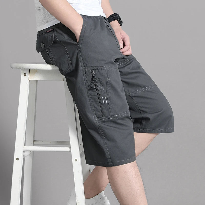 Summer Zipper Pocket Workwear Shorts Mens Knee Cargo Pants 2026 Cotton Shorts Men Climbing Jogger Elastic Waist Sports Work Wear