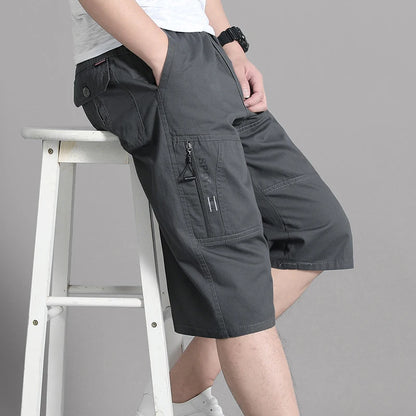Summer Zipper Pocket Workwear Shorts Mens Knee Cargo Pants 2026 Cotton Shorts Men Climbing Jogger Elastic Waist Sports Work Wear
