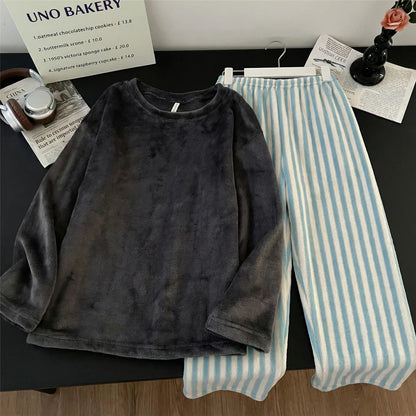 Men's Coral Fleece Pajamas Thickened Flannel Home Clothes Set Casual Loose Fit Autumn Winter Warm Sleepwear round Neck Sweats...