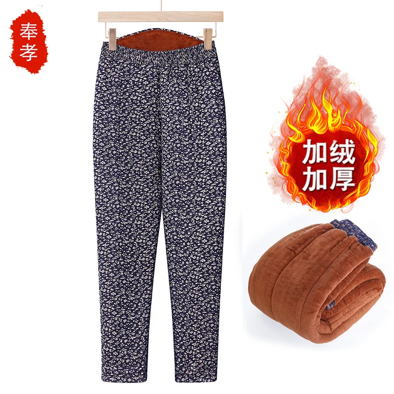 Thickened Camel down Women's Pants Autumn Winter Warm Long Trousers Fashionable Loose Fit Elderly Ladies Fashion Bamboo Leaf