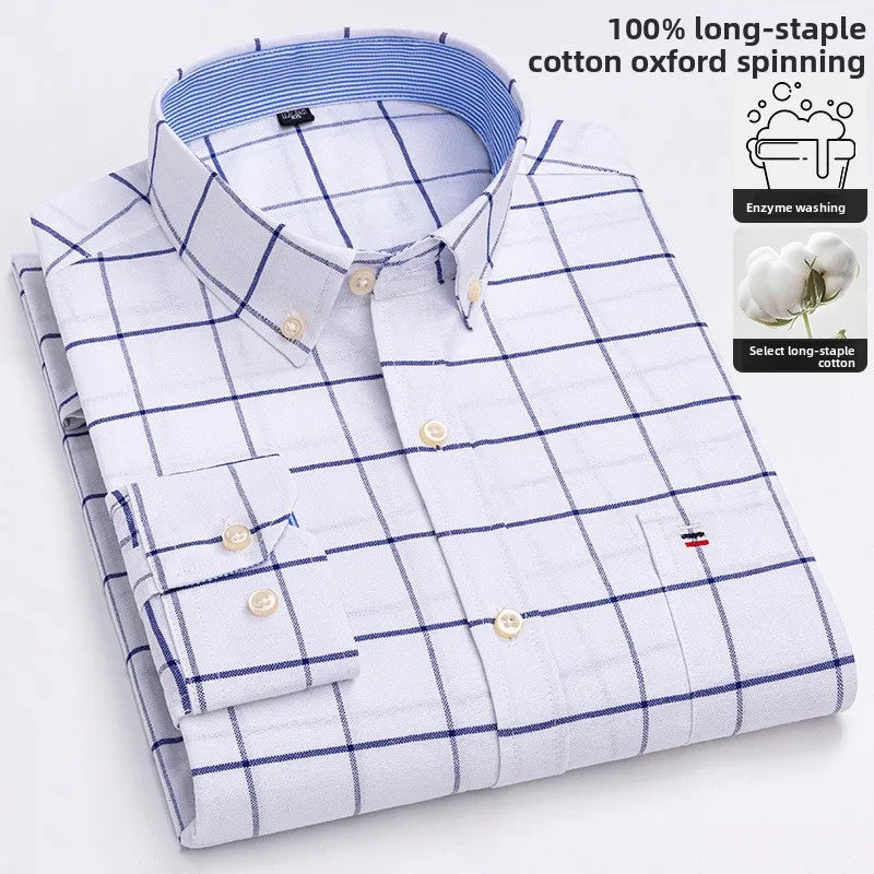 100% cotton men's long-sleeved shirt, casual plaid cotton shirt for young and middle-aged people, large size, authentic shirt