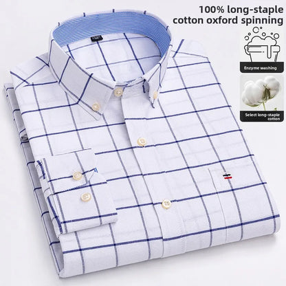 100% cotton men's long-sleeved shirt, casual plaid cotton shirt for young and middle-aged people, large size, authentic shirt