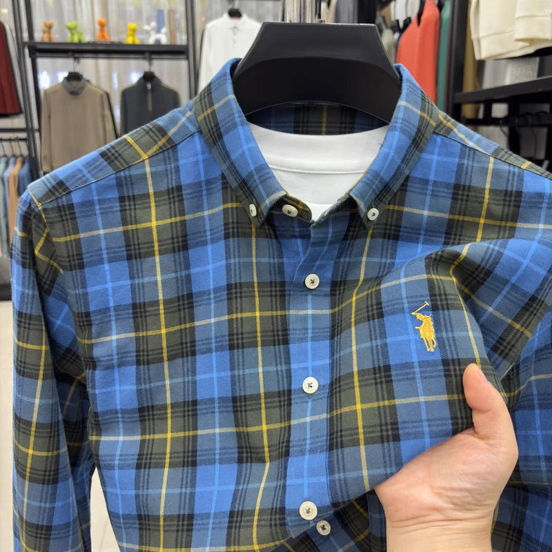 Men's 100% Cotton Brushed Plaid Long Sleeve Shirt, Small Horse Embroidery, Spring Autumn Business Casual Inner Wear Tops