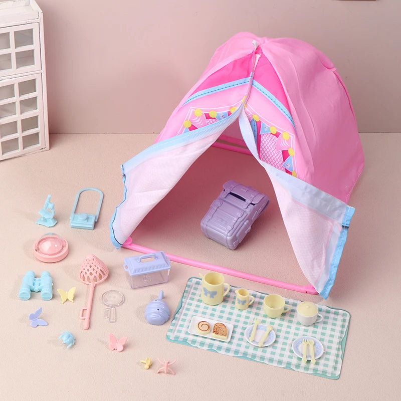Hot-1/12 Dollhouse Simulated Tent Camping Kit Dollhouse Outdoor Picnic Camping Decor Micro Scene Photo Props Pretend Play Toys