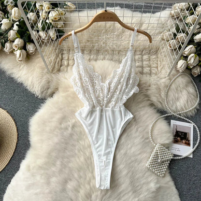 Sexy Lace Strap Jumpsuit Slim Fit Transparent Women's Pajamas Halter Playsuit Erotic Lingerie Catsuit Backless Hollowed Bodysuit