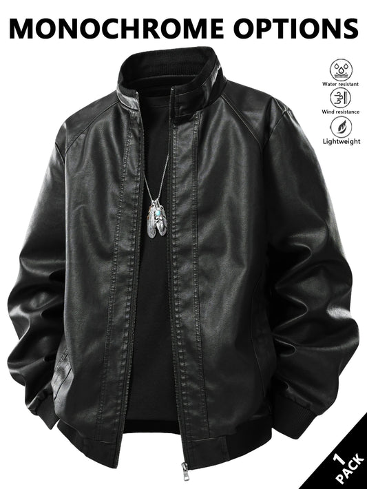 Men's Stand-Up Collar Leather Jacket, Vintage Style, Windproof and Neck-Protecting, Suitable for Outdoor Light Activities, Layering in Autumn and Winter, Casual Outings, Wearing at Home, Warm-Up for Sports, Short Trips
