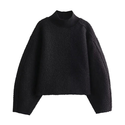 BSAY Women Fashion Autumn Winter 2024 New Loose Solid Color Long Sleeved Stand Collar Pullover Top Chic Female Sweatshirt