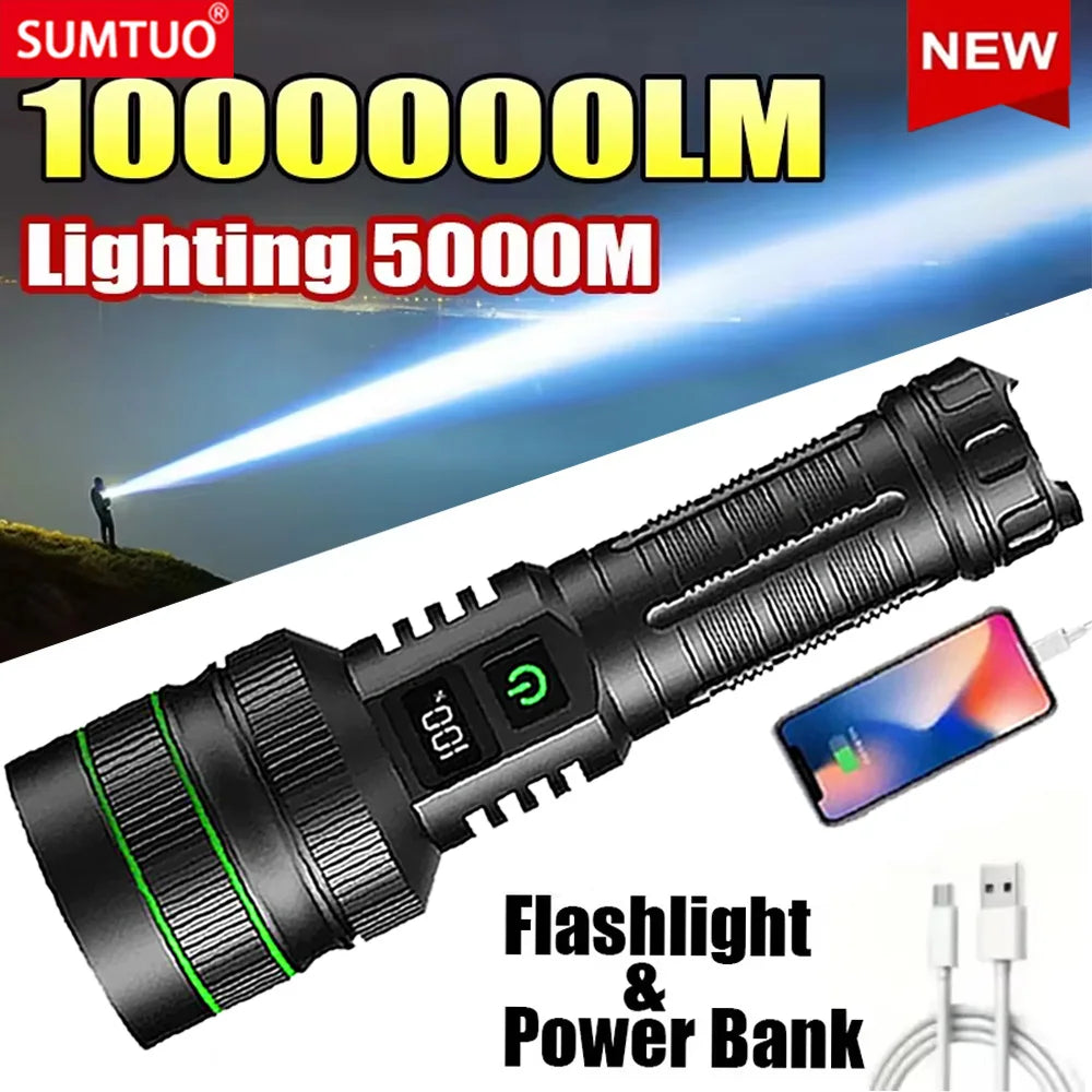 20000000LM Most Powerful LED Flashlight Rechargeable Type-c Flashlight Long Range 2000M Tactical Torch Light For Fishing Hunting