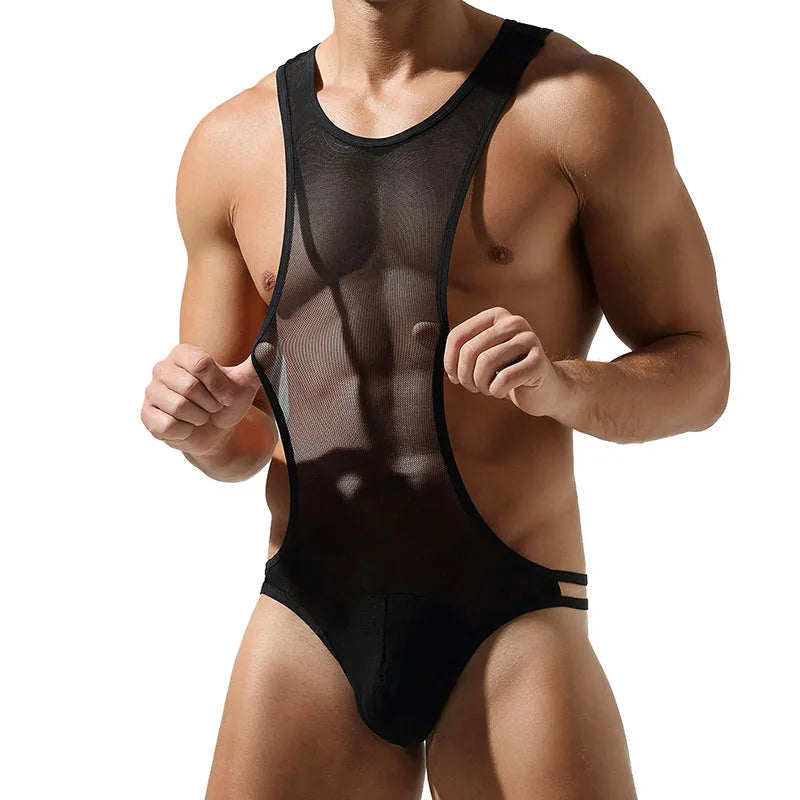 Men's sexy jumpsuit shapewear with height elastic breathable semi transparent solid color sexy sports base coat