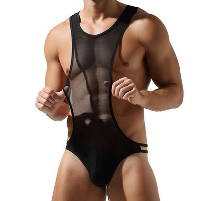 Men's sexy jumpsuit shapewear with height elastic breathable semi transparent solid color sexy sports base coat