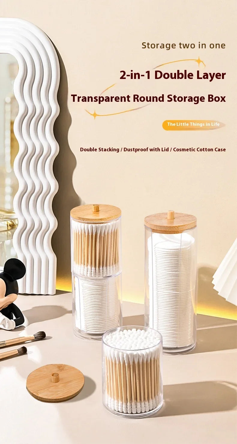 1pcs Cotton Swab Storage Box Acrylic Jar Makeup Organizer, Cotton Round Pad Holder, Q-tip Dispenser with Bamboo Lid