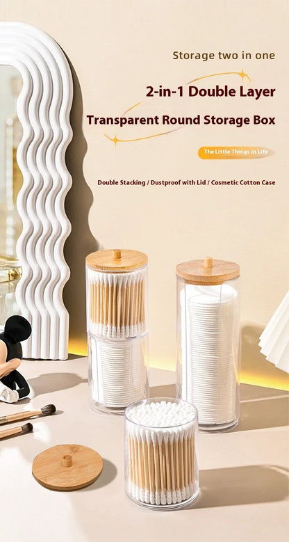 1pcs Cotton Swab Storage Box Acrylic Jar Makeup Organizer, Cotton Round Pad Holder, Q-tip Dispenser with Bamboo Lid