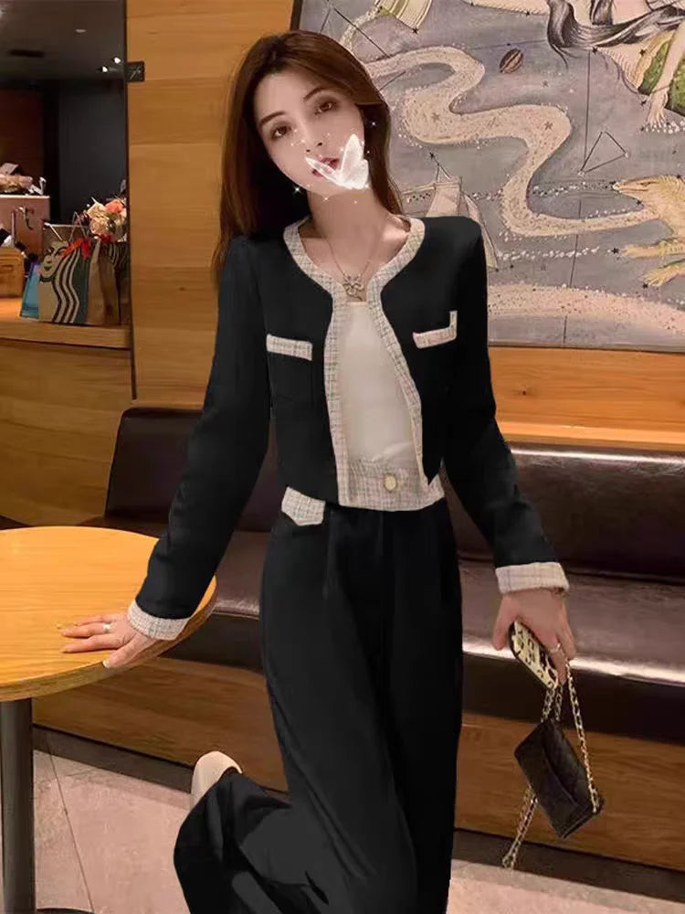 Elegant Fashion Set Women's Spring Autumn New Style Small Fragrance Wind Coat Wide Leg Pants Two Piece Set High Waist Long Pants