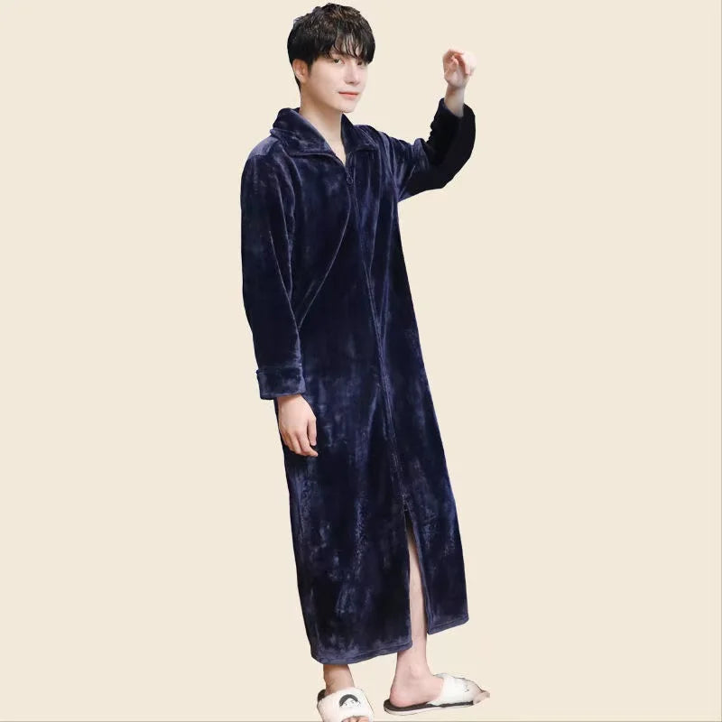 2025 New Flannel Zipper Nightgown Men Women Double-sided Thicken Flannel Pajamas Solid Color Couples One-piece Home Sleeprobe