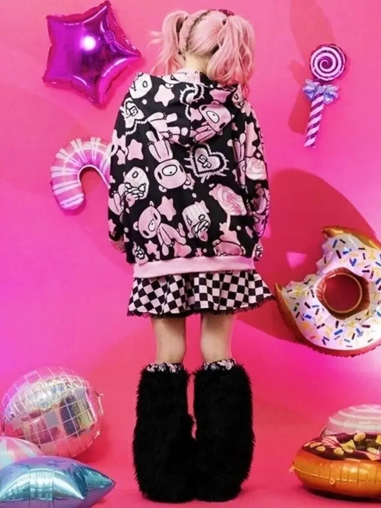 Street Style Harajuku Bear Hoodie Sweatshirt Sweet Cool Candy Pink Violent Bear Subculture Outerwear Loose Fit Long Sleeve