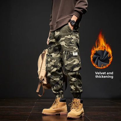 2025 NewMen's Fleece-Lined American Camouflage Casual Multi-Pocket Loose Zipper Jogger Pants Autumn Youth Trendy Workwear