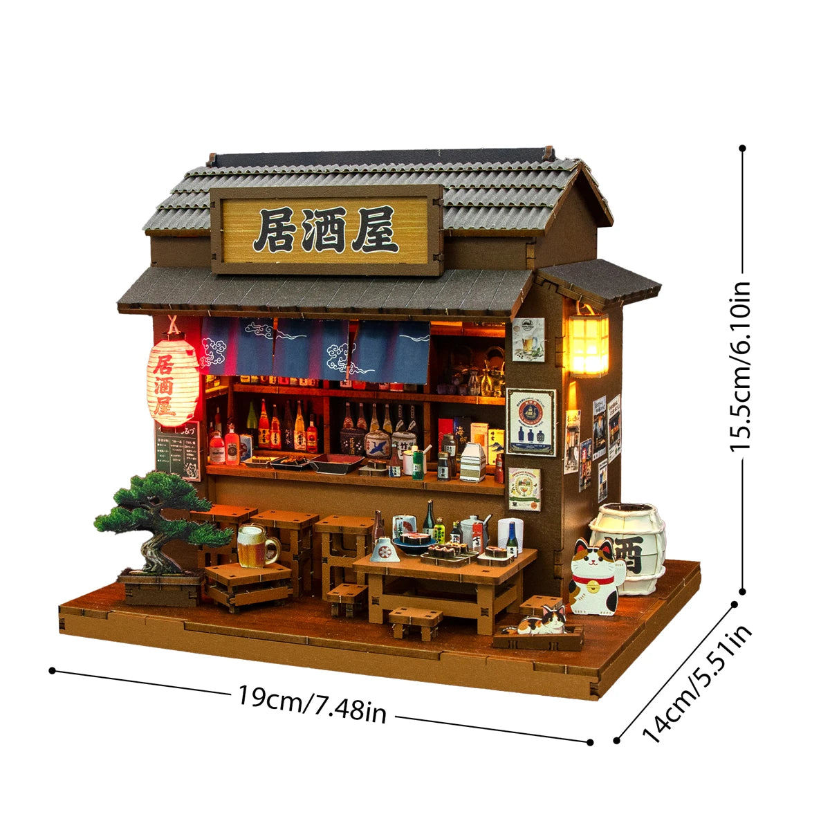 Izakaya Mini 3D Puzzle Assembly Model Dollhouse Kit DIY Handmade Toy Bookshelf Set, Wood Crafts for Girls' Birthday Gifts