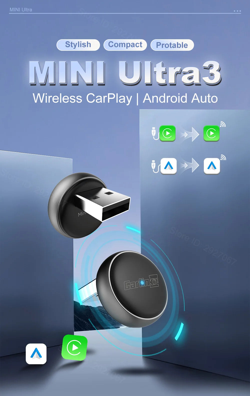 CarlinKit Mini Ultra 3 Wireless CarPlay & Android Auto Adapter Wired To Wireless USB Dongle Plug and Play Fast Auto Connection