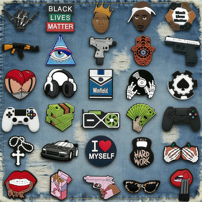 1/30pcs Trends Hood Gun Shoe Charms for Men Boys Shoe Accessories Pins Fashion HipHop Singer Game Controller Dollar Clogs Buckle