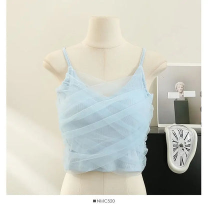 Sexy Mesh Splice Crop Top Backless Design Pure Color Strap Vest for Women Trendy Slimming Short Style Summer Fashion