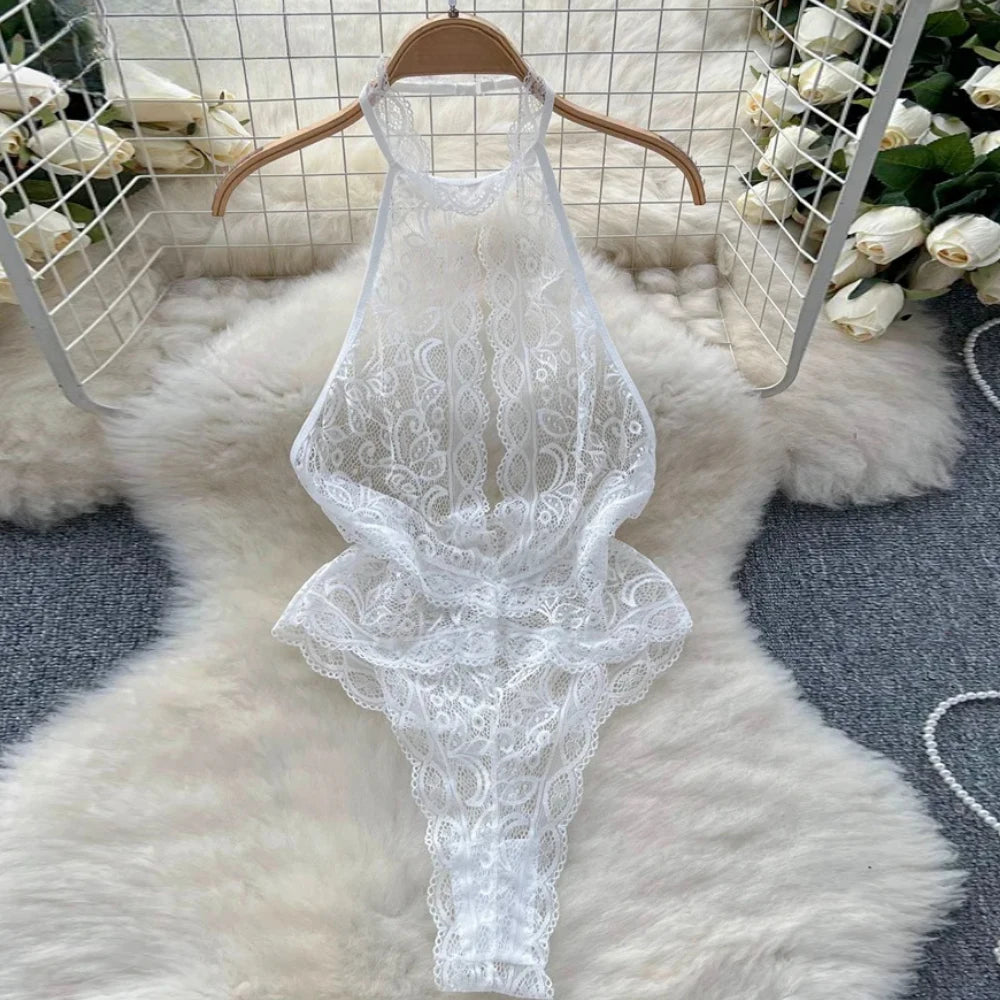 Sexy Lace Strap Jumpsuit Slim Fit Transparent Women's Pajamas Halter Playsuit Erotic Lingerie Catsuit Backless Hollowed Bodysuit
