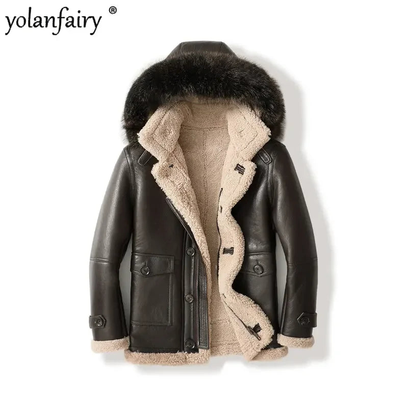 YOLANFAIRY Original Natural Sheepskin Leather Fur Coat Men Midium Hooded Genuine Leather Jacket Men Winter Real Jacket FCY4018