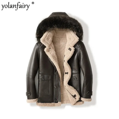YOLANFAIRY Original Natural Sheepskin Leather Fur Coat Men Midium Hooded Genuine Leather Jacket Men Winter Real Jacket FCY4018
