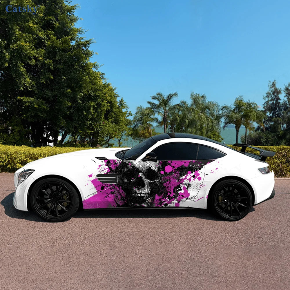 Striped Digital Pixel Skull Splash Car Side Sticker Decor,PVC Waterproof Scratch Resistant Decal,Car Protection,Auto Accessories