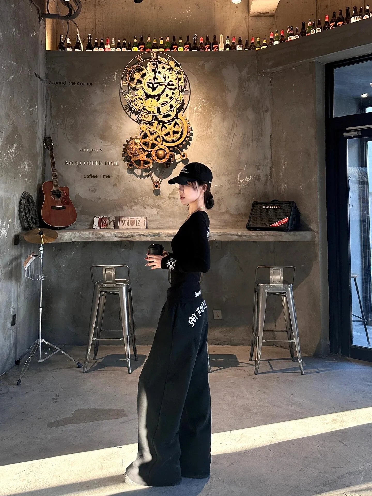 American Style Long Sleeve round Neck Slim Fit Casual Pants Set Letter Print Elastic Waist Straight Leg Women's Fashion Ensemble