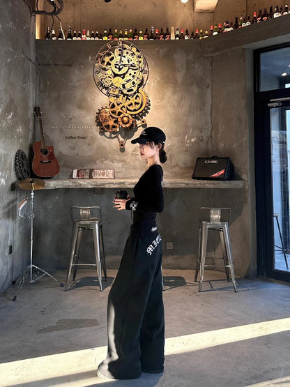 American Style Long Sleeve round Neck Slim Fit Casual Pants Set Letter Print Elastic Waist Straight Leg Women's Fashion Ensemble