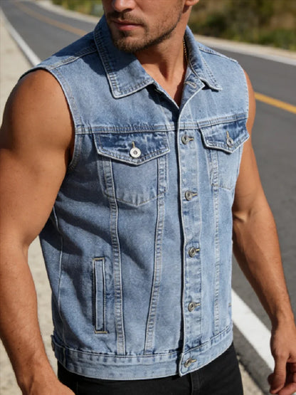 New Men's Retro Washed Denim Vest Lapel Single-Breasted Sleeveless Jacket Vintage Casual Streetwear Top for Men