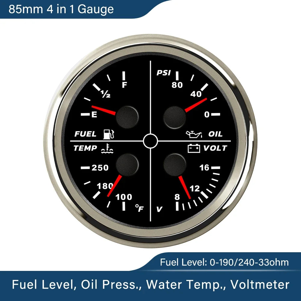 ELING Waterproof Auto Marine 85mm 4 in 1 Gauge Oil Pressure Water Temp Fuel Level Voltmeter for Motorcycle 8-16V