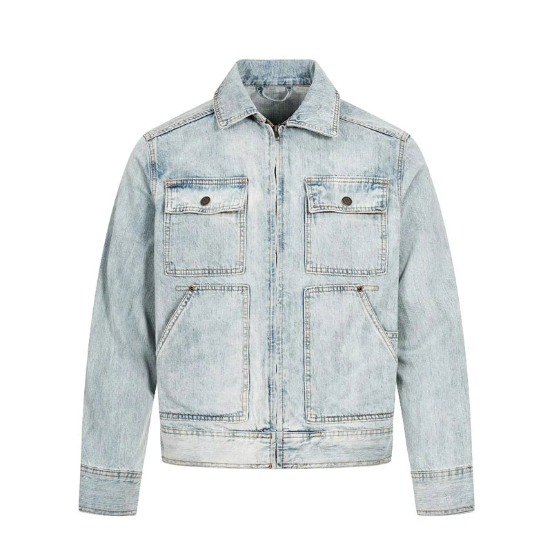 American Retro Trendy Washed Slub Multi - Pocket Denim Jacket Spring and Autumn Men's Windproof Motorcycle Jacket