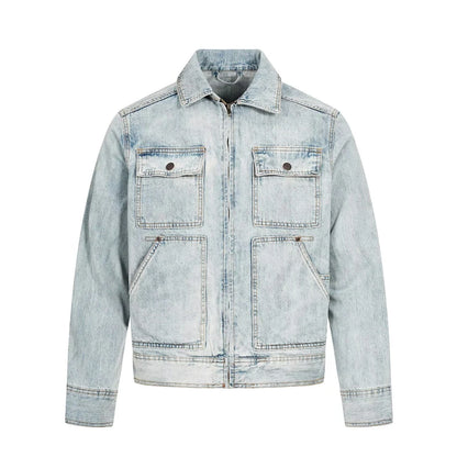 American Retro Trendy Washed Slub Multi - Pocket Denim Jacket Spring and Autumn Men's Windproof Motorcycle Jacket
