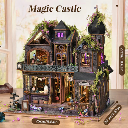 Book Nook Kit Castle of Magic Wooden DIY Dollhouse with Light Dynamic Music Bookshelf Insert 3D Puzzle Decor for Gift