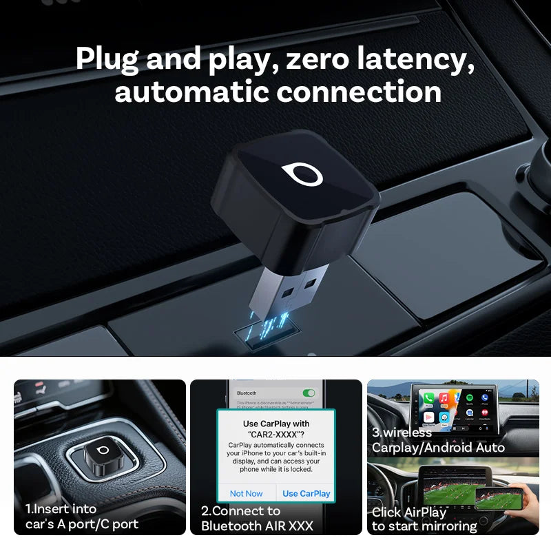 Ottocast Mini Air Wireless CarPlay Android Auto AirPlay Adapter 3 in 1 Plug and Play Wireless Mirroring For Youtube Tiktok IPTV