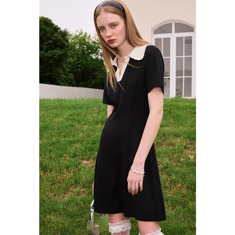 Women Dress Black Elegant Vintage French Style Short Sleeve Cute Casual New Fashion Polo-Neck Office Ladies Mini Dress 2026