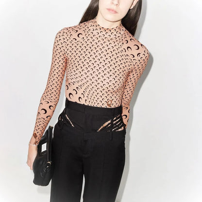 Moon Print Base Layer Shirt Long Sleeve Half High Collar Elastic T-Shirt Layering Trendy Top Inner Wear Autumn Winter for Women