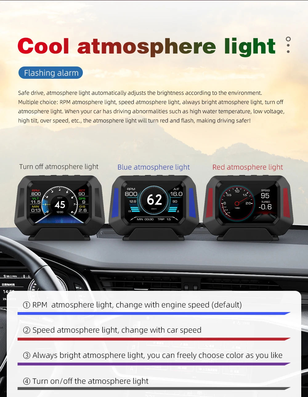 Head up Display OBD + GPS Car Water Temperature Turbo Oil Temperature Multi-function Meter LCD Display Automotive Speed Alarm