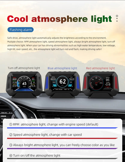 Head up Display OBD + GPS Car Water Temperature Turbo Oil Temperature Multi-function Meter LCD Display Automotive Speed Alarm
