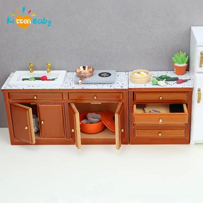 Dollhouse Miniature Retro Wood Cabinet Cupboard Sink Cabinet Locker with Drawer for Dollhouse Kitchen Living Room Furniture Toys