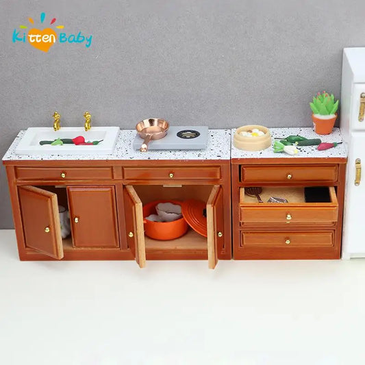 Dollhouse Miniature Retro Wood Cabinet Cupboard Sink Cabinet Locker with Drawer for Dollhouse Kitchen Living Room Furniture Toys