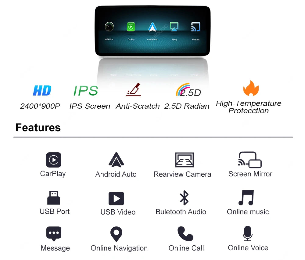 2400×900 12.3“ Ultra-thin Multimedia Touchscreen Wireless CarPlay Android Auto For Mercedes-Benz W205 X253 GLC C Class W447 BT