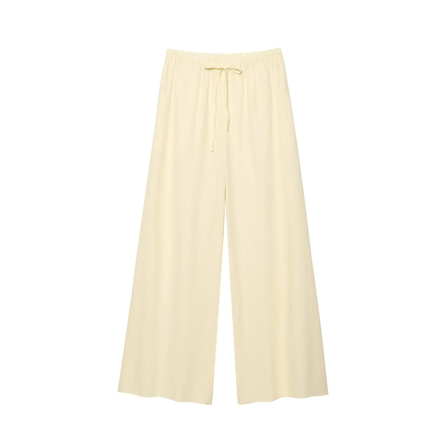 HH Women Chic Solid Simple Wave Edge V-Neck Puff Sleeves Short Shirt Top+High Waist Draw Rope Design Casual Loose Trousers