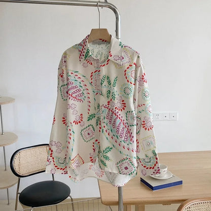 Chic Women's Shirt Vintage Gentle Loose Design Sensation Elegance Korean Style Long Sleeve  Collar Print Casual Fashion