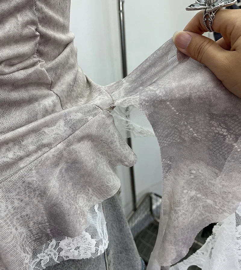 ISAROSE Summer Y2K Camisole for Women Casual Spaghetti Straps Double Layers Lace Stretch Mesh Patchwork Asymmetrical Slim Tops