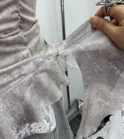 ISAROSE Summer Y2K Camisole for Women Casual Spaghetti Straps Double Layers Lace Stretch Mesh Patchwork Asymmetrical Slim Tops
