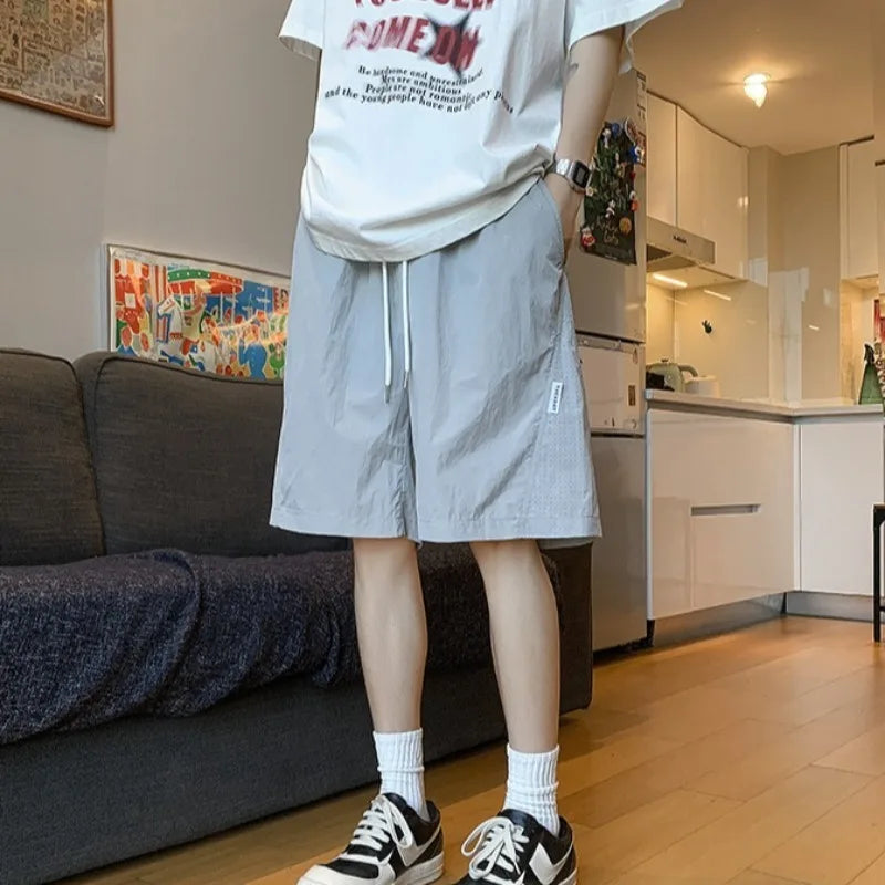 Men's American Style Quick Dry Shorts Summer Loose Fit Breathable Casual Shorts Youth Streetwear Lightweight Knee Pants