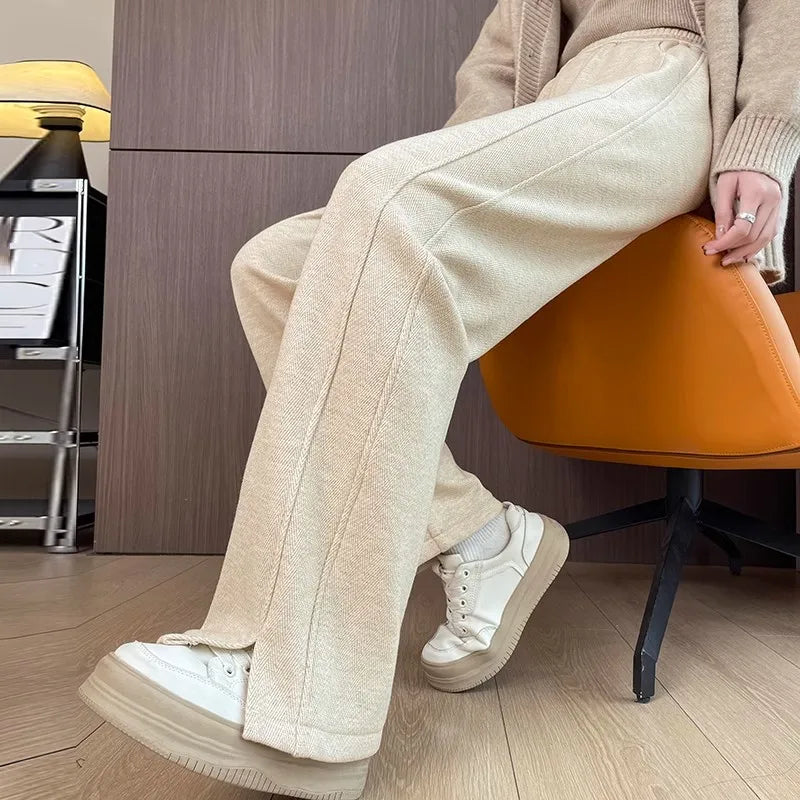 Thickened Fleece Wide Leg Pants High Waist Trousers for Women Casual Autumn Winter Slimming Warmth Pants Korean Style